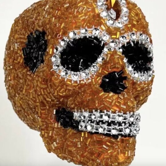 Beaded Intricate Brown or Orange Skull Ornament Halloween, Christmas Decoration - Picture 9 of 9